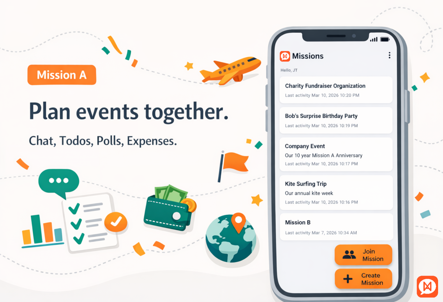 Mission A – Plan events together. Chat, Todos, Polls, Expenses.