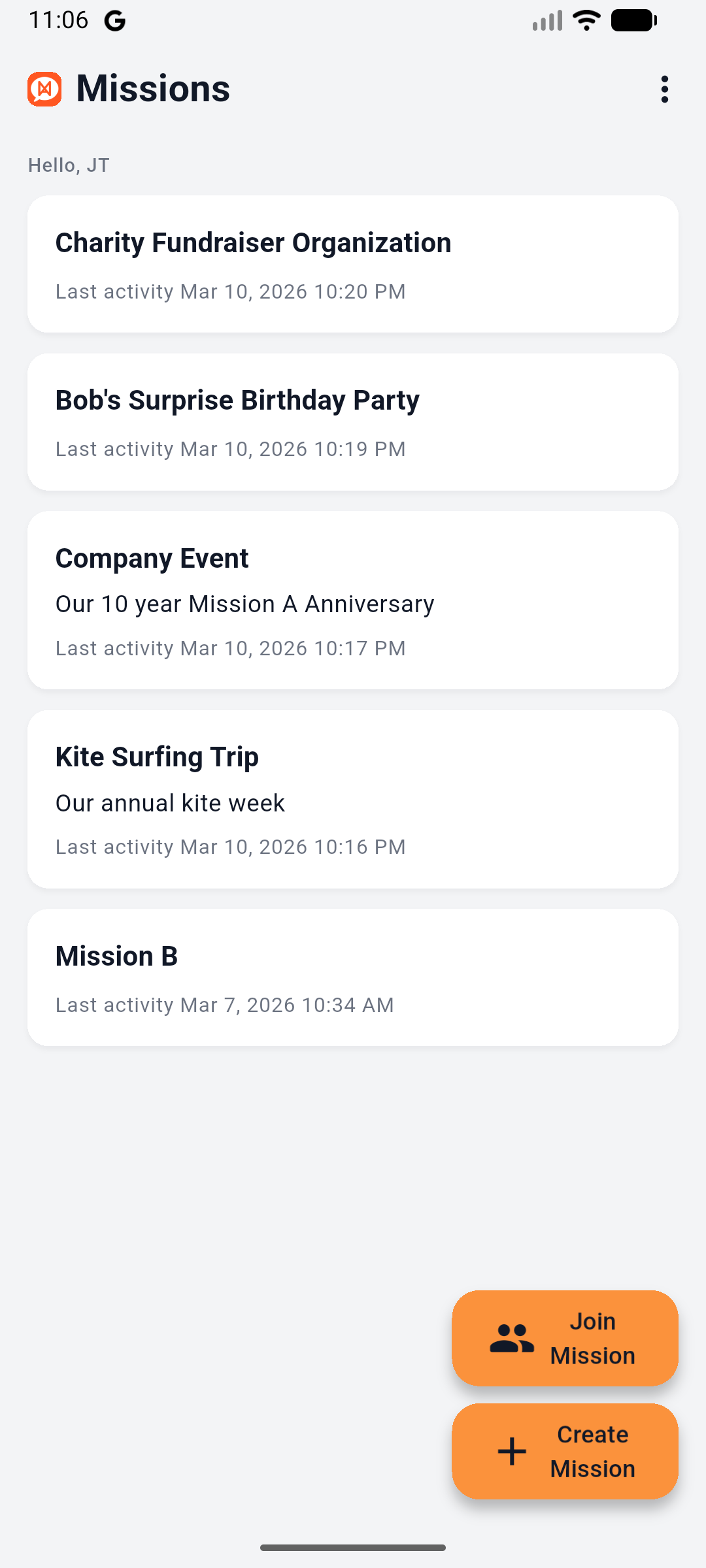 Missions overview — see all your events at a glance