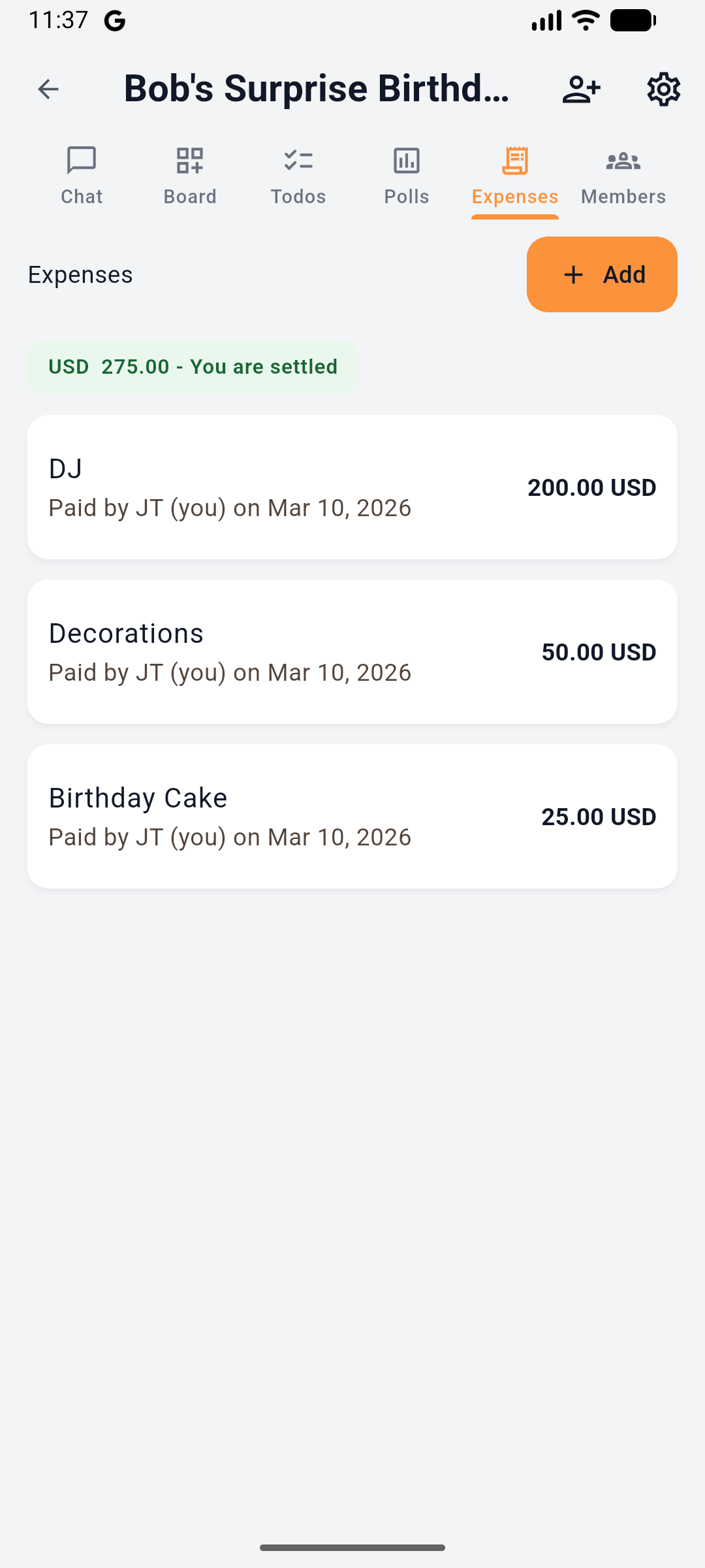 Expense splitting — track costs and settle up easily